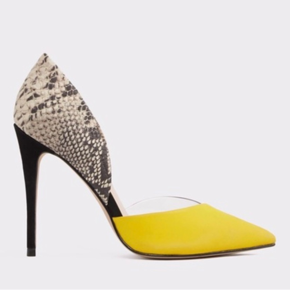 Aldo Women Yellow Snake Print Pointed Toe High Pump Heel Shoes